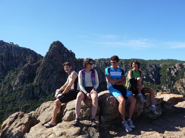 P1030621 Taking a break during our hike in Les Calanches. No stubbed toes despite Greg wearing flip flops!
