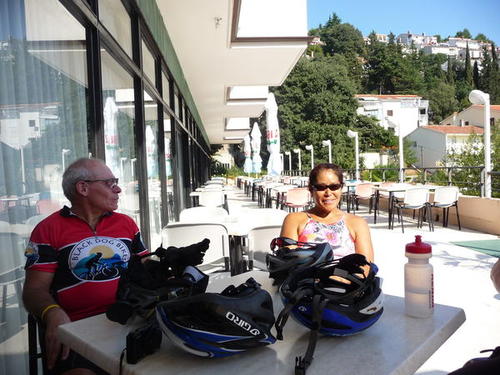 P1030923 Ann and Eric enjoying the deck of our hotel in Rabac